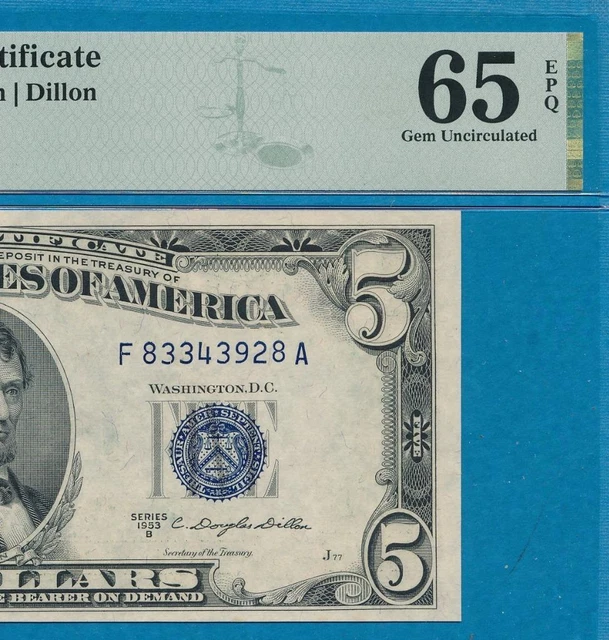 $5.00 1953-B  Blue Seal Silver Certificate Pmg Gem New 65Epq