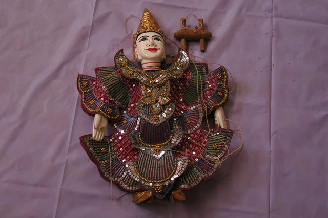 Burmese Thai Asian String Puppet Marionette Doll Painted Wood Ceramic 10" x 14"