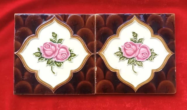2 Piece Old Art Deco Floral Design Embossed Majolica Ceramic Tiles England 0368