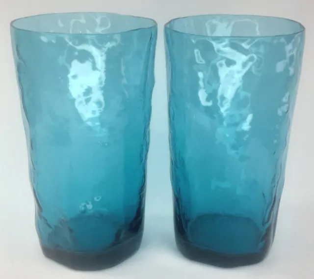 Atomic Barware Morgantown Glass Crinkle Peacock Blue Flat Iced Tea Set of 2