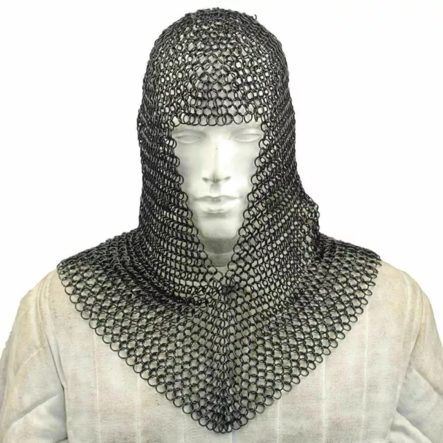 Black Knights Steel Chainmail Chain Mail Coif Armor Hood for Hauberk 10mm Butted
