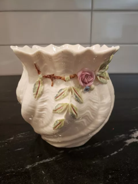 Belleek Millennium 2000 Vase Planter Pot with Rose on Branch w/ Leaves Ireland