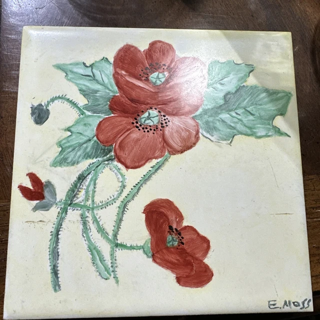 Vintage Handpainted Tile By E Moss 6 x 6 Red Flowers Floral Ceramic