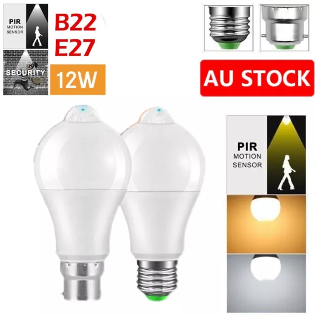 Motion Sensor Light Bulbs E27 B22 12W PIR Motion Activated Dusk Outdoor Led NEW