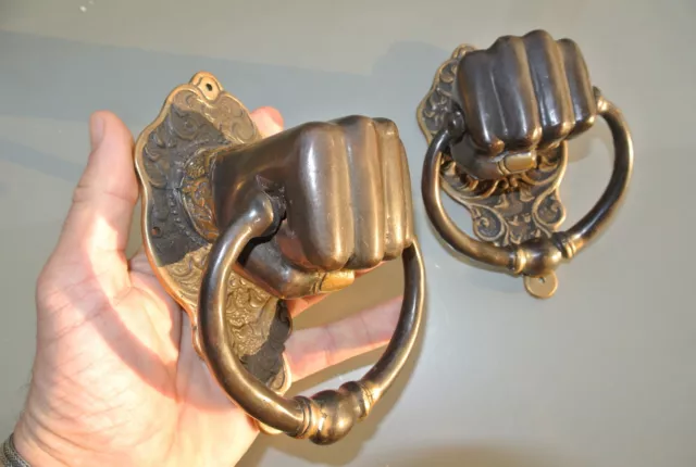 2 Solid Brass FIST HAND Door Knocker PULL HANDLE ring 7" aged old look heavy B 2