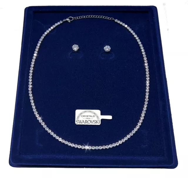 Tennis 3mm Collier et Boucles D'Oreilles Pl. Or 18k Homme Femme Avec Swarovski