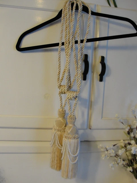 Window Curtain Drape Tassel Rope Tieback Large CREAM PEARL & Gold Set of 2