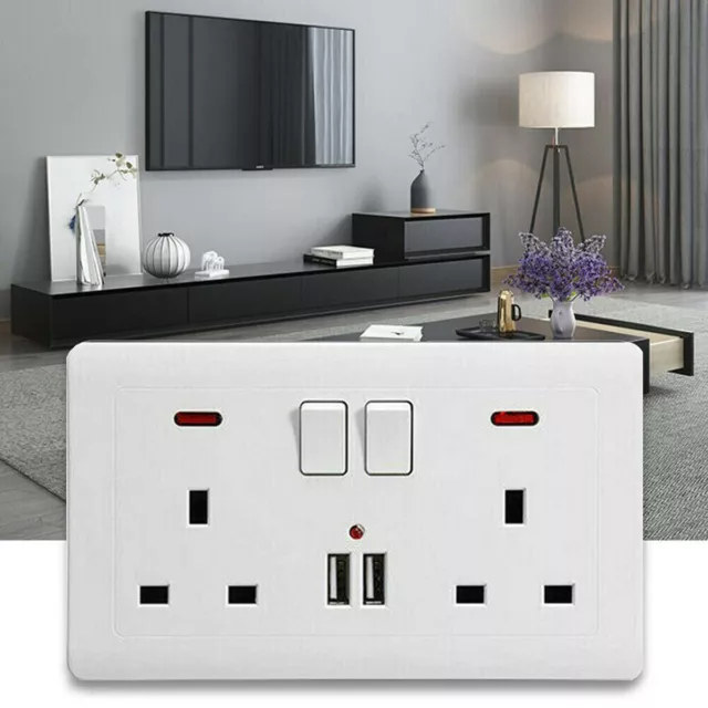 Double Wall Plug Socket 2 Gang 13A w/ 2 Charger USB Ports Outlets Flat Plate UK