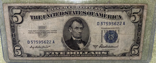 Series 1953 A $5 Five Dollar Silver Certificate Blue Seal Circulated D57595622A
