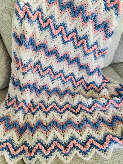 Vintage Lap Blanket Baby Blanket Handmade Crochet Knitted Afghan Pink Blue White