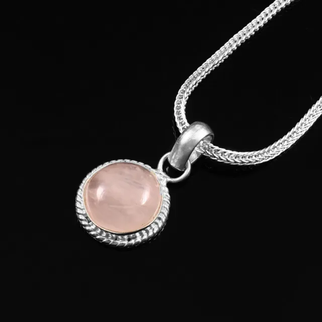 Handmade 925 Sterling Silver Natural Round Rose Quartz Pendant Necklace Jewelry