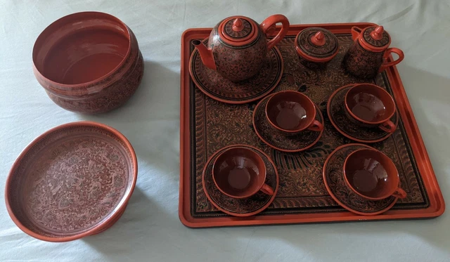 Vintage Myanmar Burma Laquer Tea Set, Tray and Serving Bowls