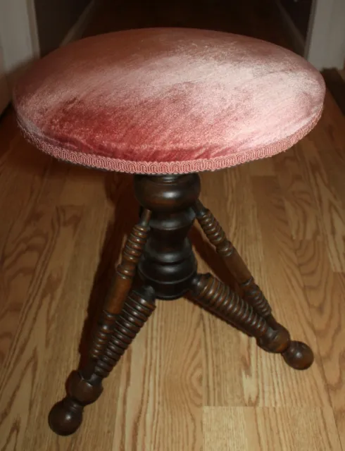 Vintage Piano Stool Swivel Rotates Pink Fabric Seat Mahogany Wood Legs 18.5"