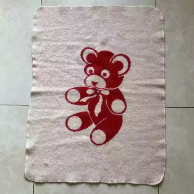Vintage 1980s Alafoss of Iceland Pure New Wool Baby Blanket with Pink Teddy Bear