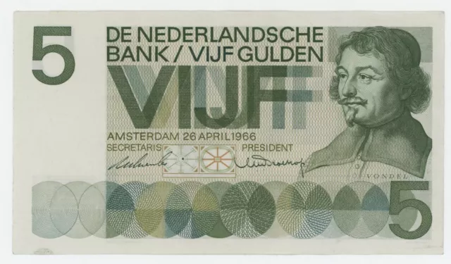 Netherlands 5 Gulden 26-4-1966 Pick 90 XF- Circulated Banknote