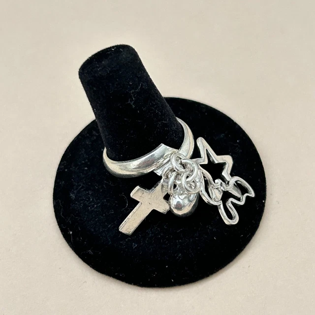 Dangle Star Cross Holy Spirit Dove Heart Mexican 925 Silver Taxco Ring Size 8.25