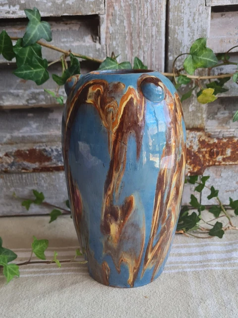 Vase En Grès Style Vallauris – Tons Ocre, Marron Et Bleu, Vintage 23 Cm