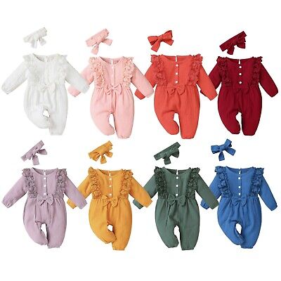 Newborn Infant Baby Girl Cotton Linen Lace Bow Romper Jumpsuit+Headband Clothes