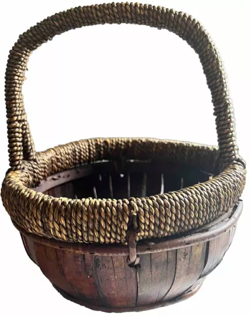 Round Red Stained Wood Basket With Woven Top Handle And Rim 12” x 9”