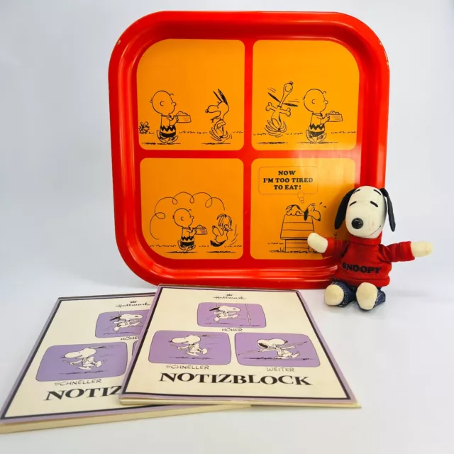 Snoopy & Peanuts Lot Tablett Metall + Snoopy Figur + 2 Notiz Blöcke 80er Vintage