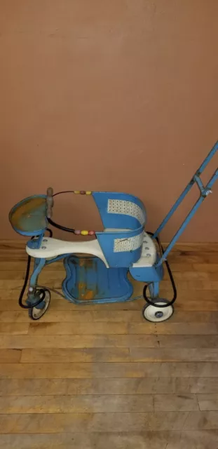 Antique Taylor Buggy wood and Metal Baby Stroller 1950s or older. Blue and white