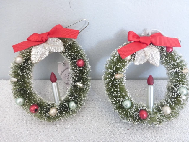 2 Ragon House Retro Bottlebrush Christmas Wreath Ornaments w Glass Candles 4"