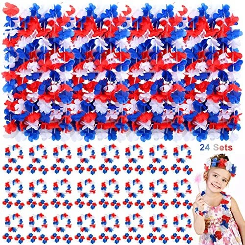 96 Pieces 4th of July Red White and Blue Flower Leis Include Independence Day