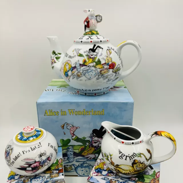 Set 3 Alice in Wonderland Tea Teapot Creamer Sugar Bowl W/ Lid Paul Cardew NIB