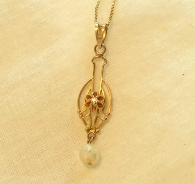Antique 10K Gold Buttercup Diamond Ostby & Barton OB Lavalier 14K Necklace Chain