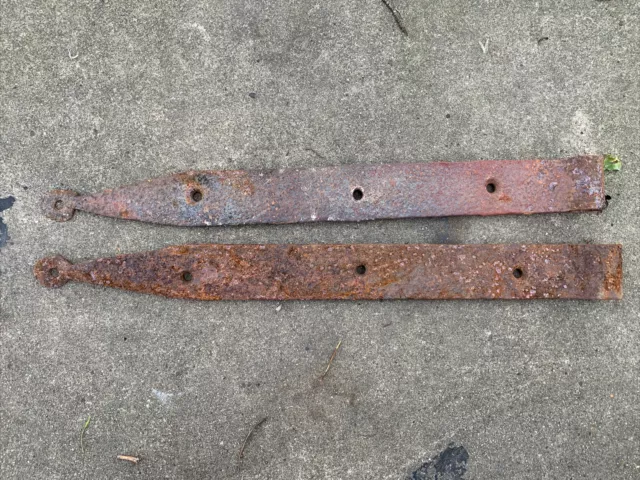 Antique Pair 16” Hand Forged Iron Barn Door Strap Hinges (c)