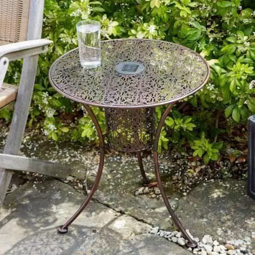 Metal Round Table Silhoette Garden Patio Bistro Solar LED Lighting Filigree