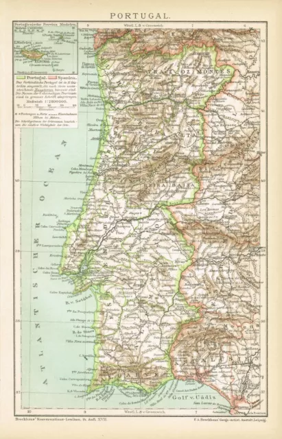 Karte von PORTUGAL / MADEIRA 1897 Original-Graphik
