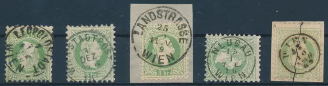 ÖSTERREICH 1867 5Stk.Marken! 3kr grün mit WIEN Stempeln. Schöne FARBVARIANTE!