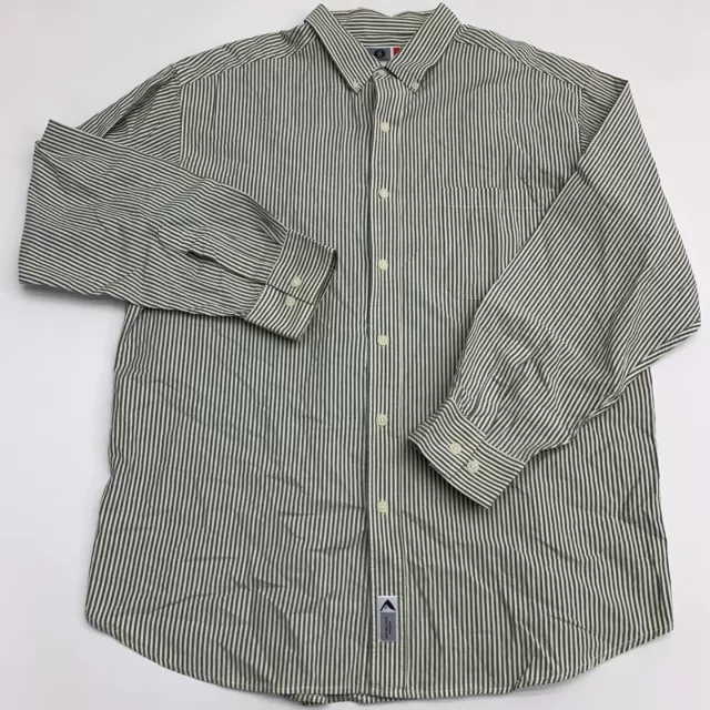 Arizona Jeans Button Up Shirt Mens Large Army Green Cream Striped Long Sleeve