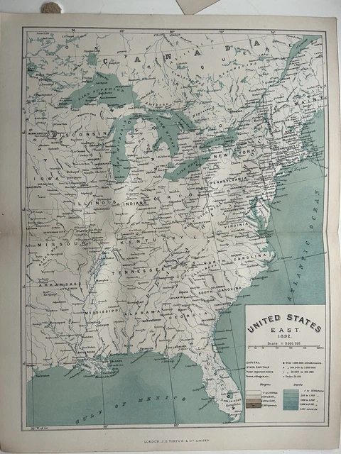 1892 PHYSICAL MAP Of The Eastern United States Original Antique Map £19 ...