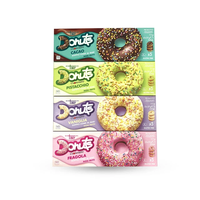 Cuorenero Donuts, Senza glutine,CACAO, VANIGLIA, FRAGOLA,PISTACCHIO
