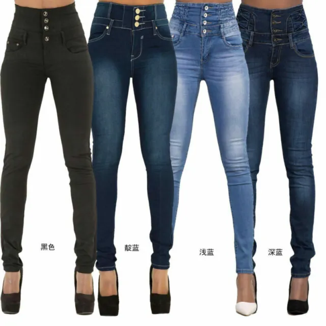 Womens High Waisted Denim Pants Jeans Ladies Button Stretchy Skinny Jeggings au
