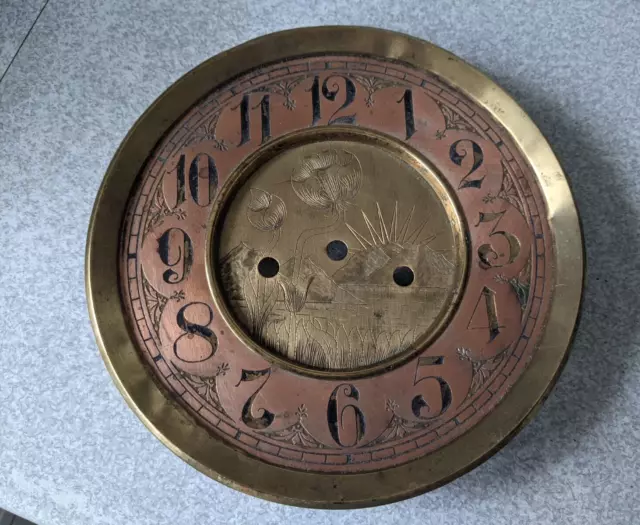 Antique Brass Copper Arts Crafts Clock Dial - Mountains   - Spares Repairs -