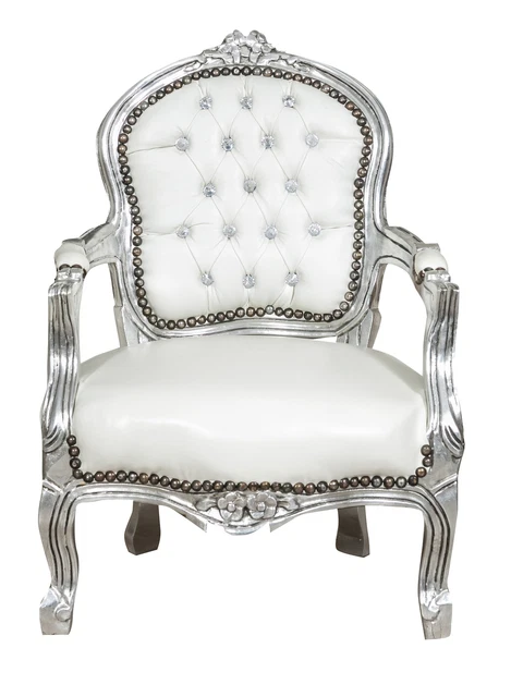 Chaise Style Louis XVI / Baroque - Bois Massif Patiné Argent, Tissu Damassé Bleu - 90x45x42 Cm