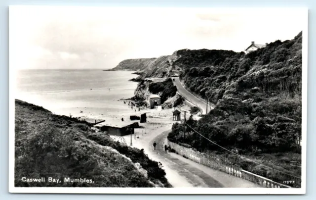 Postcard Caswell Bay Mumbles - Bw Rppc - Salmon Series