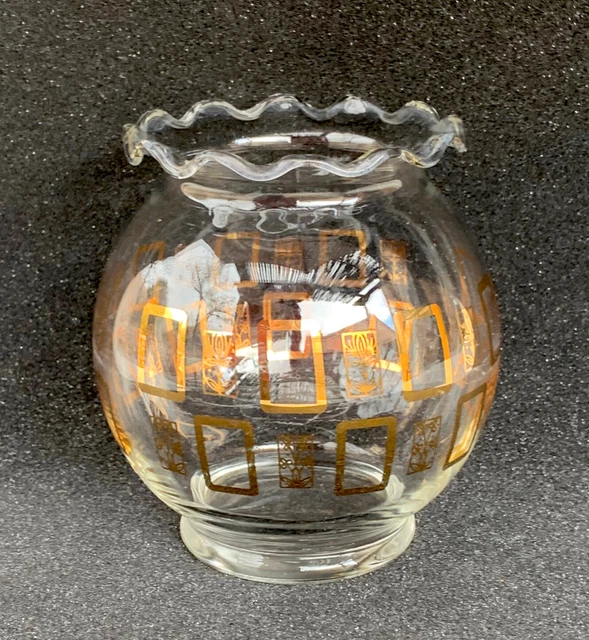 Vintage MCM Round IVY Bowl Vase 5.25” w/ Gold Windows Panels, Ruffled Edge Mouth