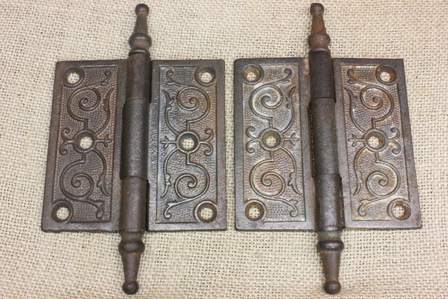 2 Old Door Hinges 3 1/2 X 3 1/2" Antique Steeple Top Clean Vintage Cast Iron Fea