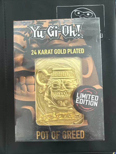 YUGIOH POT OF GREED 24k GOLD PLATED METAL CARD WITH DISPLAY STAND