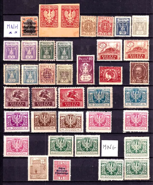 POLAND POLSKA POLOGNE 1918 - 1932 MNH ** MH* lot of 54 stamps on 2 pages