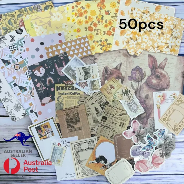 50pcs Junk Journal Scrapbooking Paper Stickers Stamps Off Cuts Vintage Craft BN