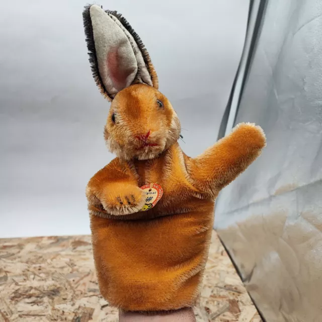 Vintage original Steiff Handpuppe Hase mit Brustschild Halsband ca.28 cm O.Knopf