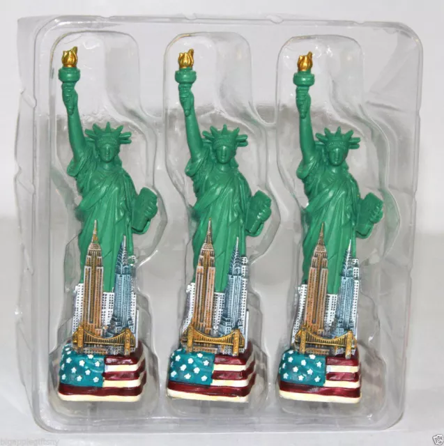 3 PCS 4"  Statue of Liberty Figurine w.Flag Base and New York City SKYLines NYC