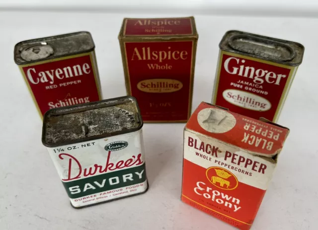 Lot Of 5 Vintage Tin And Boxed Spices