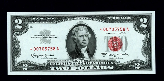 1963A $2 two dollar bill RED SEAL STAR NOTE UNCIRCULATED EXCEPTIONAL GEM !