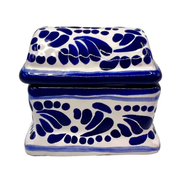 Talavera Mexico Pottery Trinket Box Keepsake Blue White Lid Dome Top Chest 2.5”